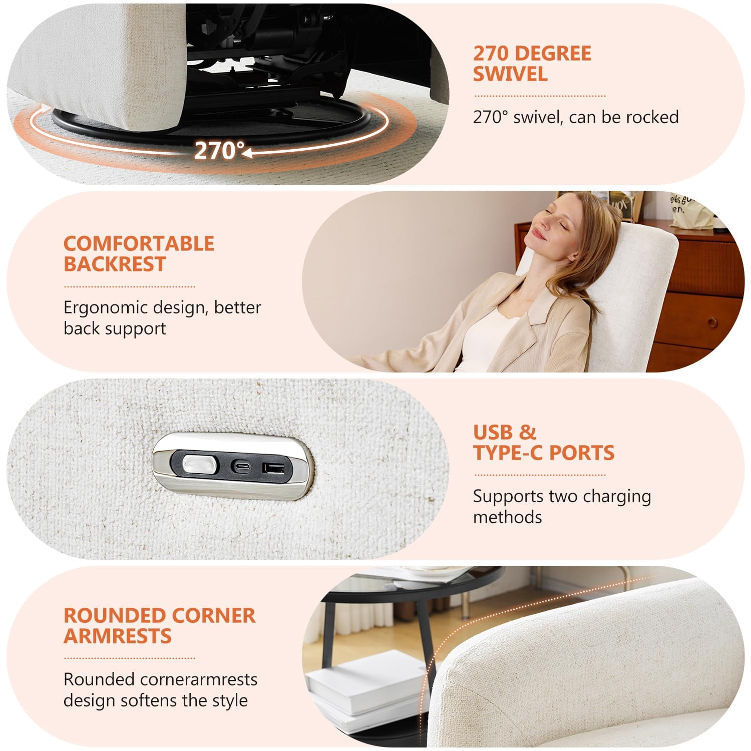 JULY'S SONG Power Glider Recliner Chair, 270°Swivel Rocker Reclining Chair with USB Ports for Nursery, Cream
