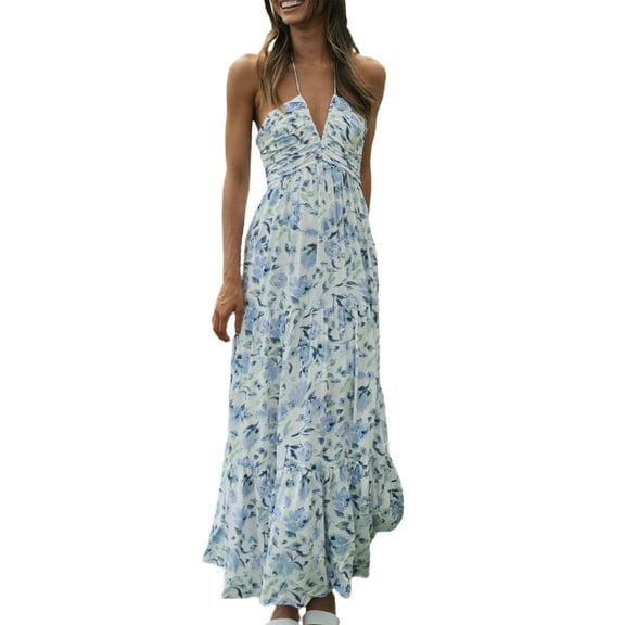 Musuos Women Halterneck Long Dress, Elegant Sleeveless Deep V-neck Tie-up Floral Dress Summer Swing Dress