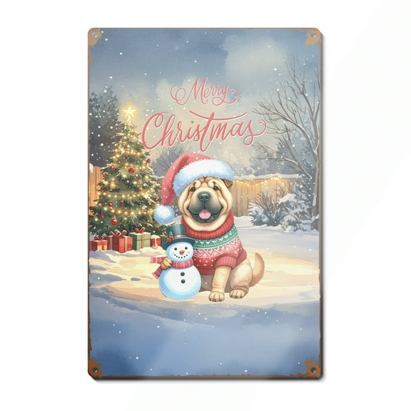 Merry Christmas Woofmas Xmas Noel Chinese Shar-Pei Santa Snowman Vertical Metal Aluminum Sign Dog Lover Wall Art Home Decor - 13016