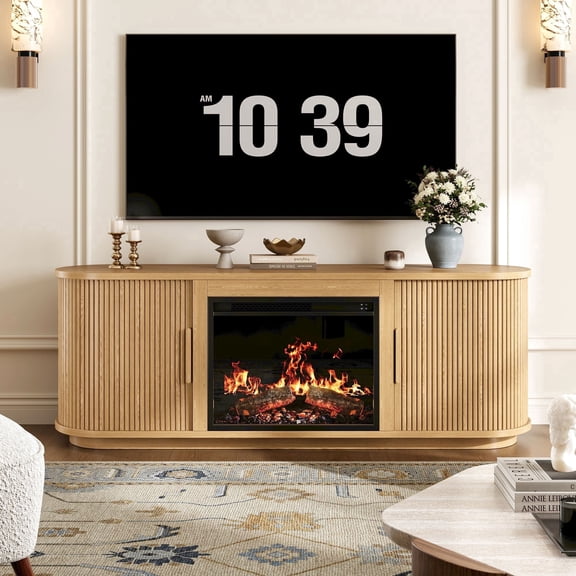 LSKTGA 67" TV Stand with Electric Fireplace, Curved Entertainment Center with Sliding Doors, Fluted TV Stand, Media Console Table for TV up to 70" For Living Room