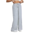 thumbnail image 2 of Women Drawstring Striped Pants Loose Wide Leg Trousers Casual Low Waist Pants Comfy Lounge Pants White With Blue M, 2 of 9