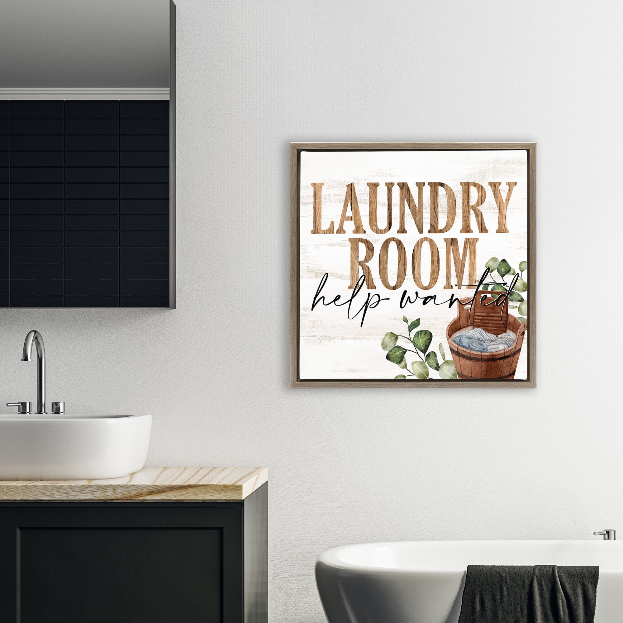 Help Wanted Rustic Laundry Room Brown Framed Floater Canvas Wall Art, design by Kim Allen
