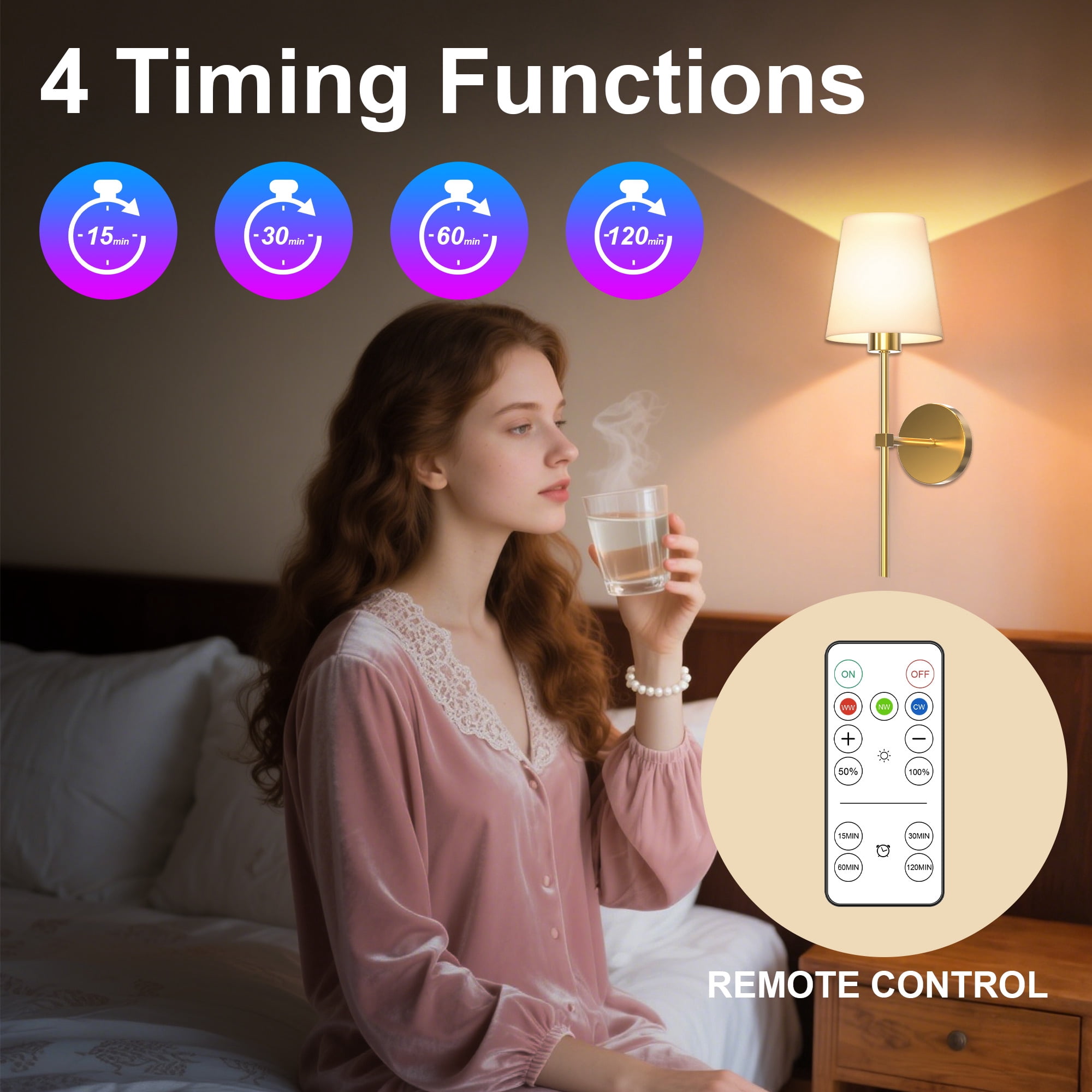 DAYBETTER Battery Operated Wall Sconces Set of 2, Wireless Rechargeable 3 Color Temperature + RGB Indoor Wall Lights, 10 Brightness Level Remote Wall Lamps for Bedroom, Living Room Night Light