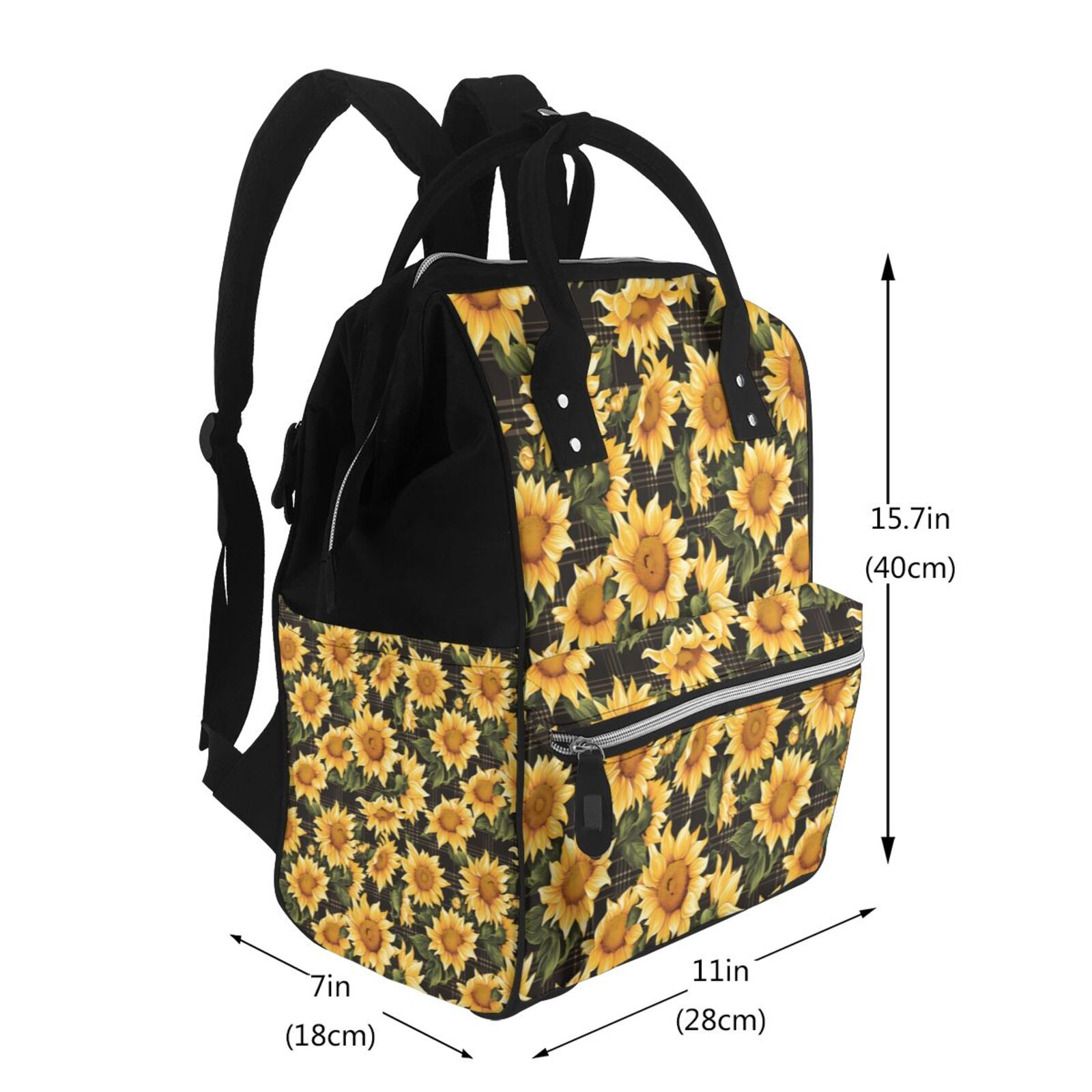Fuzoiu Vintage Black Plaid Sunflower Print Diaper Bag Backpack,Baby Essentials Travel Tote,Multi function Waterproof Diaper Bag, Travel Essentials Baby Bag - Unisex