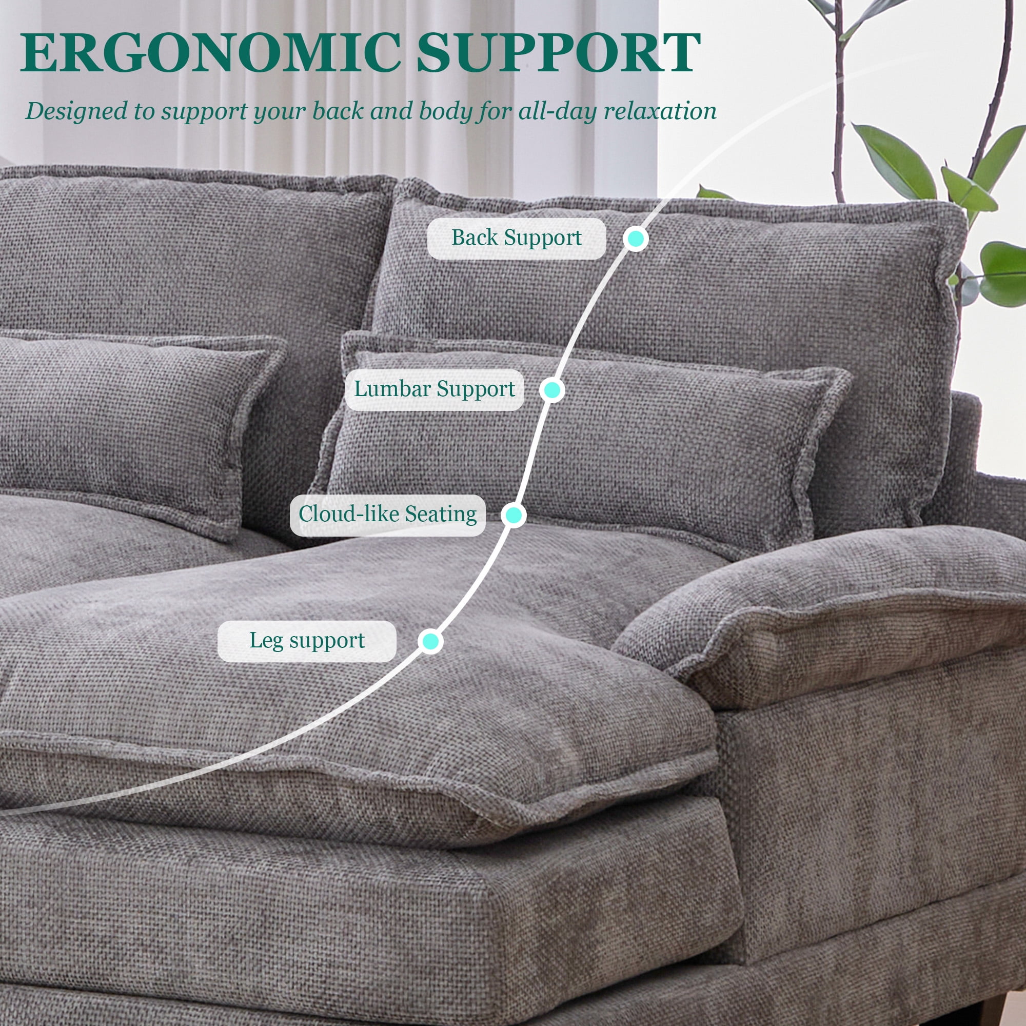 Villeston 126.77" U-Shaped Cloud Sofa With Chaise Lounge, Chenille Sofa With Wireless Charging, Bluetooth Speaker, Two Cup Holders, Storage Drawer, Suitable For Living Room,Gray