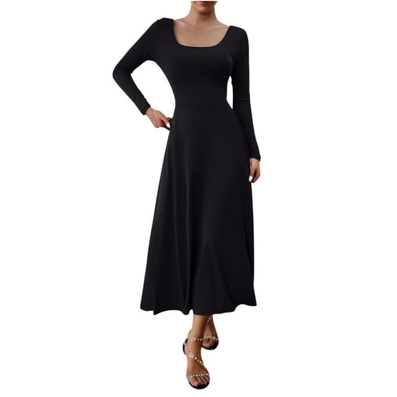 Blczomt Womens Dresses Black Flowy Long Sleeve Midi A Line Pleated Dressy V Neck Solid Color Dress