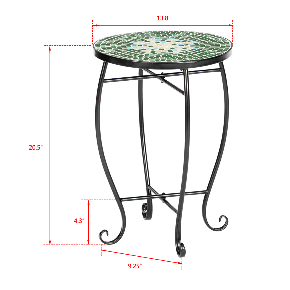 Outside Patio Dining Bar Table Outdoor Tile Side Table with Iron Legs Round Mosaic Tabletop Sofa Side Table for Poolside Yard Garden Indoor Green - image 3 of 8