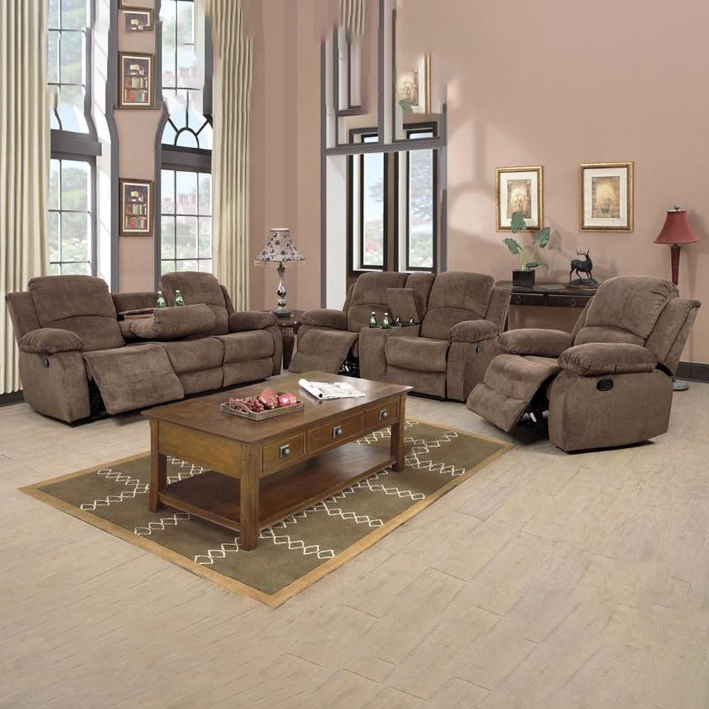 Gewnee Corduroy Upholstered Manual Reclining Sofa with 3 Recliners and Cup Holders,Coffee