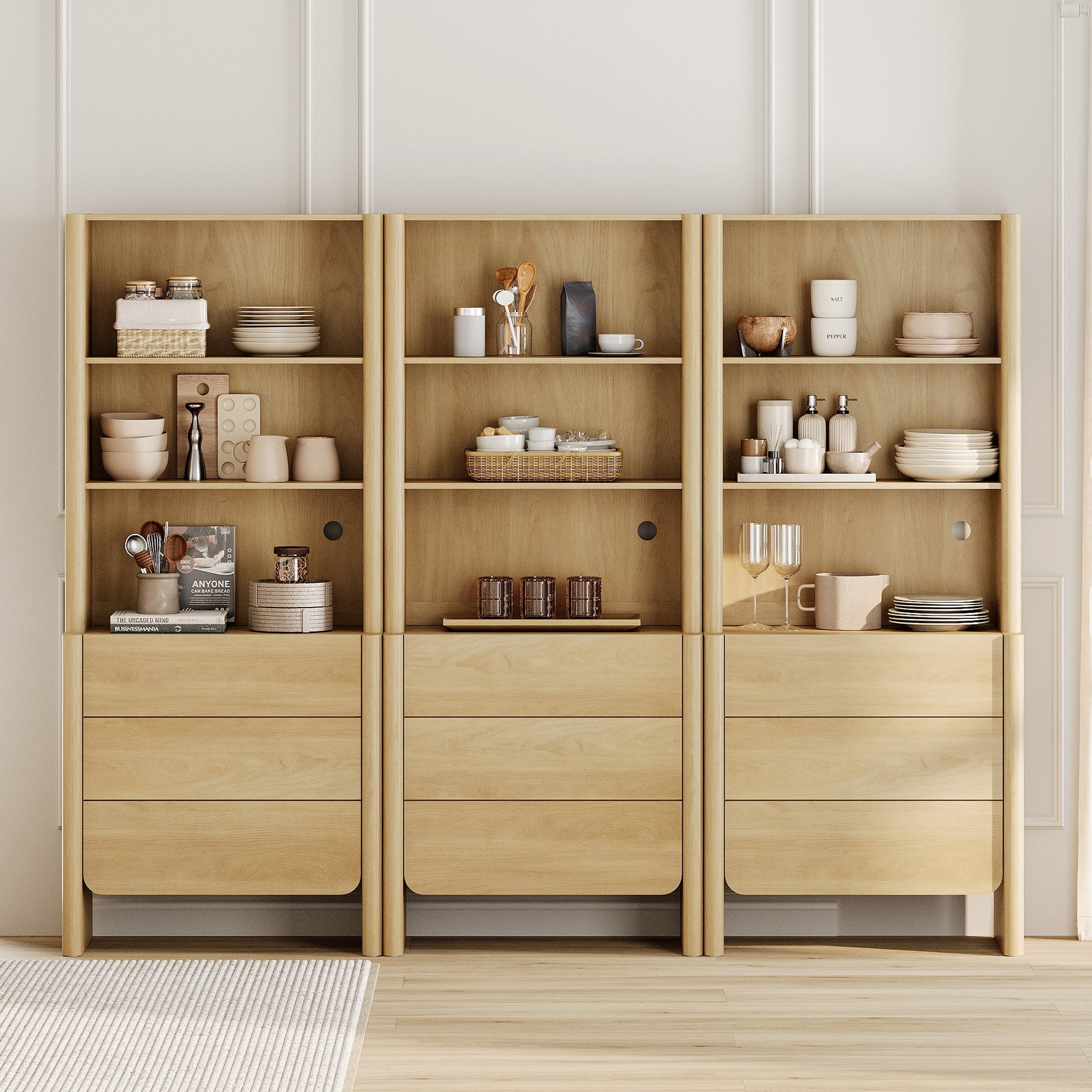 94.5-Inch Modern French Bookcase with Curved Edges, 9 Drawers and Open Shelving, 72.8" Tall, Oak