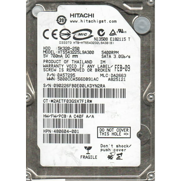 HTS543225L9A300, PN 0A57295, MLC DA2663, Hitachi 250GB SATA 2.5 Hard Drive