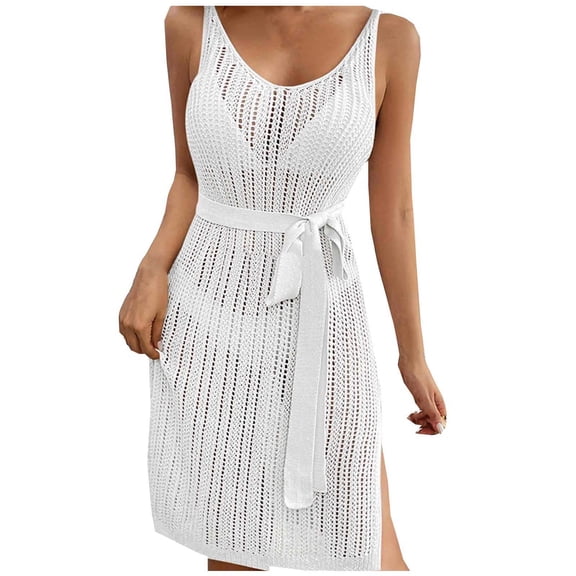 Beach Coverup for Women Swimsuit Cover ups Crochet Tank Dress Hollow Out Sleeveless Bikini Cover Ups with Belt (S, White)