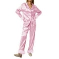 thumbnail image 3 of Caitzr Womens Silk Satin Pajamas Loungewear Feather Decoration Two-piece Sleepwear Lapel Button Down Pjs Set, 3 of 7