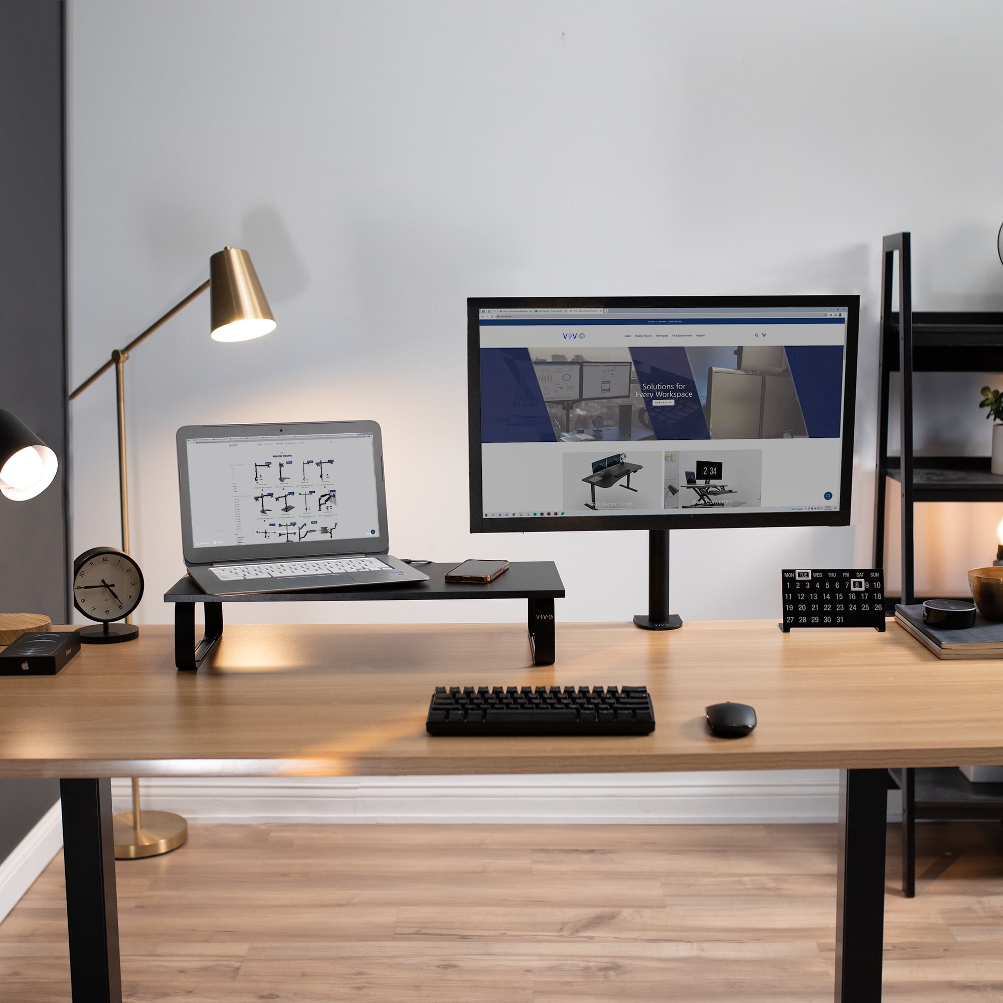 VIVO Black Wood 24" Wide Desktop Stand Ergonomic TV Monitor Riser Desk Organizer