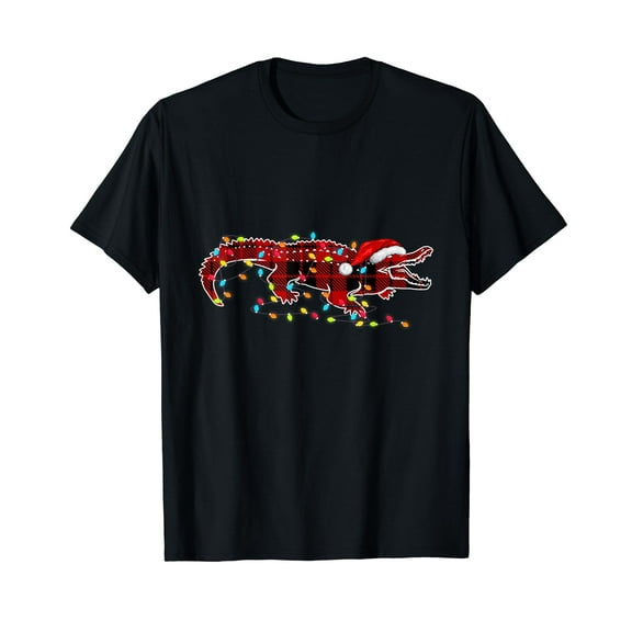 Funny Alligator Christmas Light Red Plaid Matching Family T-Shirt Black Tee