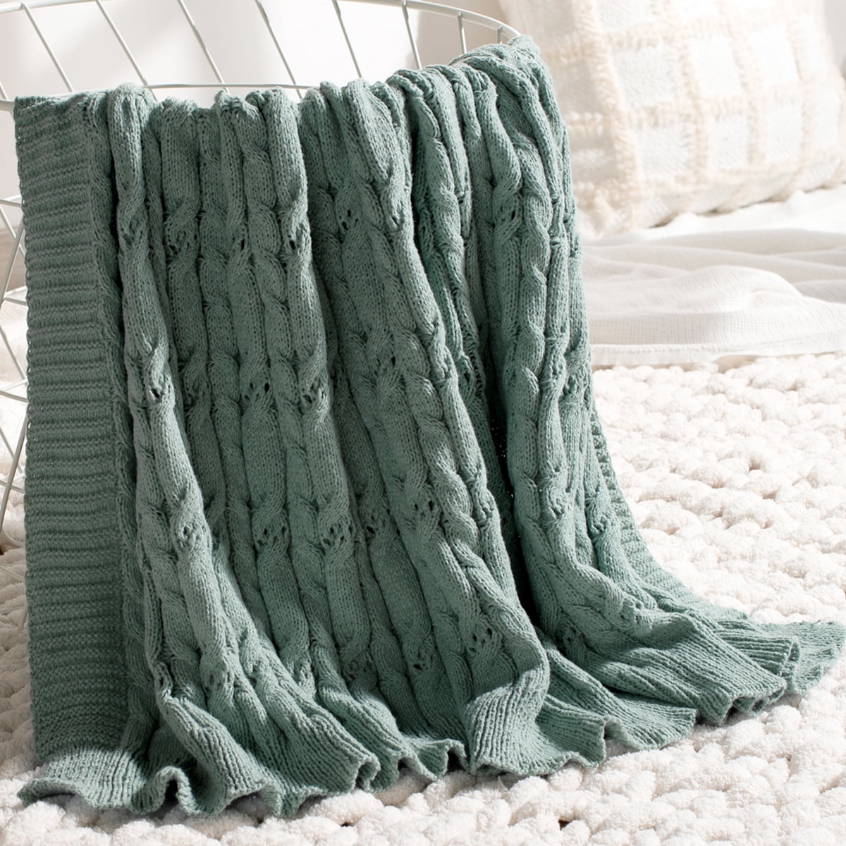 Carriediosa Cable Knit Throw Blanket Farmhouse Decor for Couch Chair Bed Sofa, 50" x 60" Sage Green
