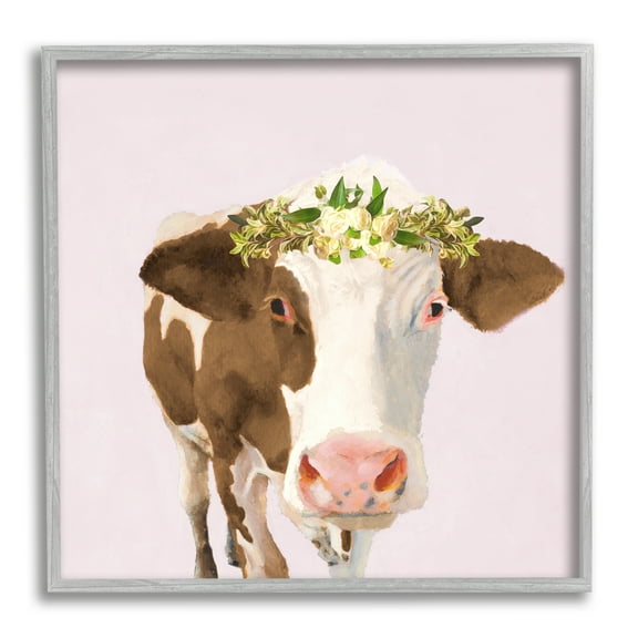 Stupell Industries Country Farm Cow White Flower Crown Boho Pink, 24 x 24, Design by Jenny Green
