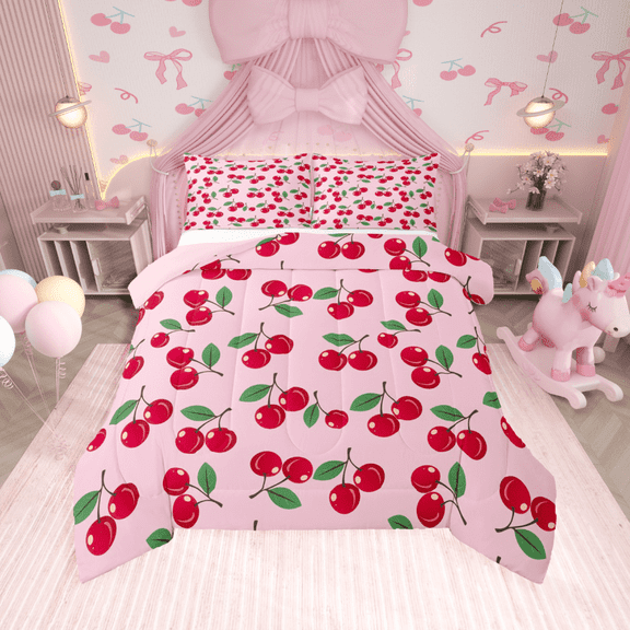 Manfei Kawaii Cherry 2pcs Bedding Comforter Set,Cartoon Fruit Twin Comforter Sets,Red Pink Bedding Set,Super Cozy Cute Room Decorative,Reversible