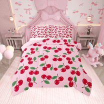 Manfei Kawaii Cherry 2pcs Bedding Comforter Set,Cartoon Fruit Twin Comforter Sets,Red Pink Bedding Set,Super Cozy Cute Room Decorative,Reversible