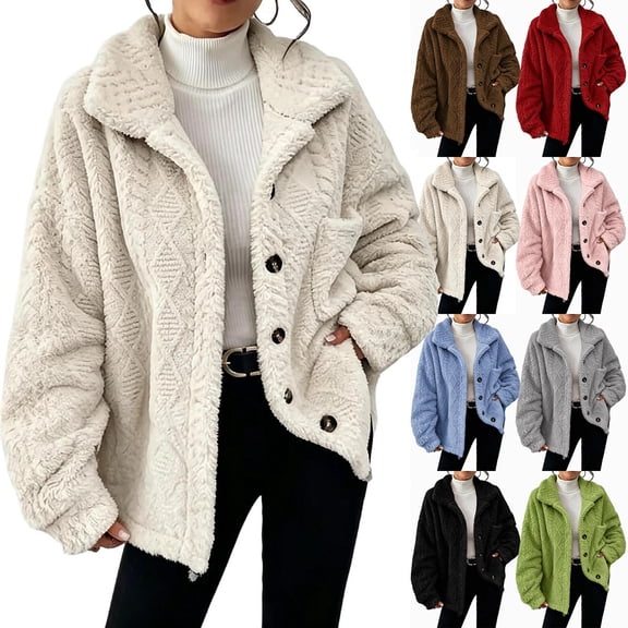 UQJfacai Oversized Sherpa Fuzzy Fleece Jacket For Women Button Down Lapel Collar Long Sleeve Coat With Pocket Winter Warm Outwear White L