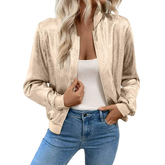 Fashion Women's Solid Color Splicing Thin Long Sleeve Front Zipper Ribbed Sequin Jacket Casual Outwear