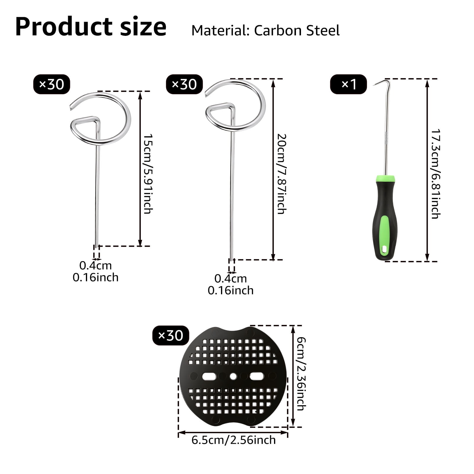 Austok 60PCS Circle Top Garden Stake Set 6"/8" G Shape Landscape Staple with 30 Washer and Puller Heavy Duty Ground Peg for Weed Barrier Tent and Landscaping