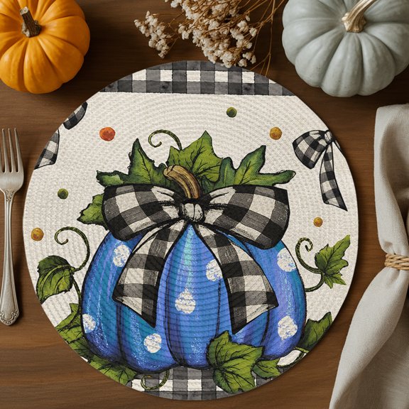 Polka Dot Blue Pumpkin Round Braided Placemats Set of 8, Bow Leaf Heat Insulation Place Mats Washable Non-Slip Table Mats for Kitchen Dining Party, 15 Inches