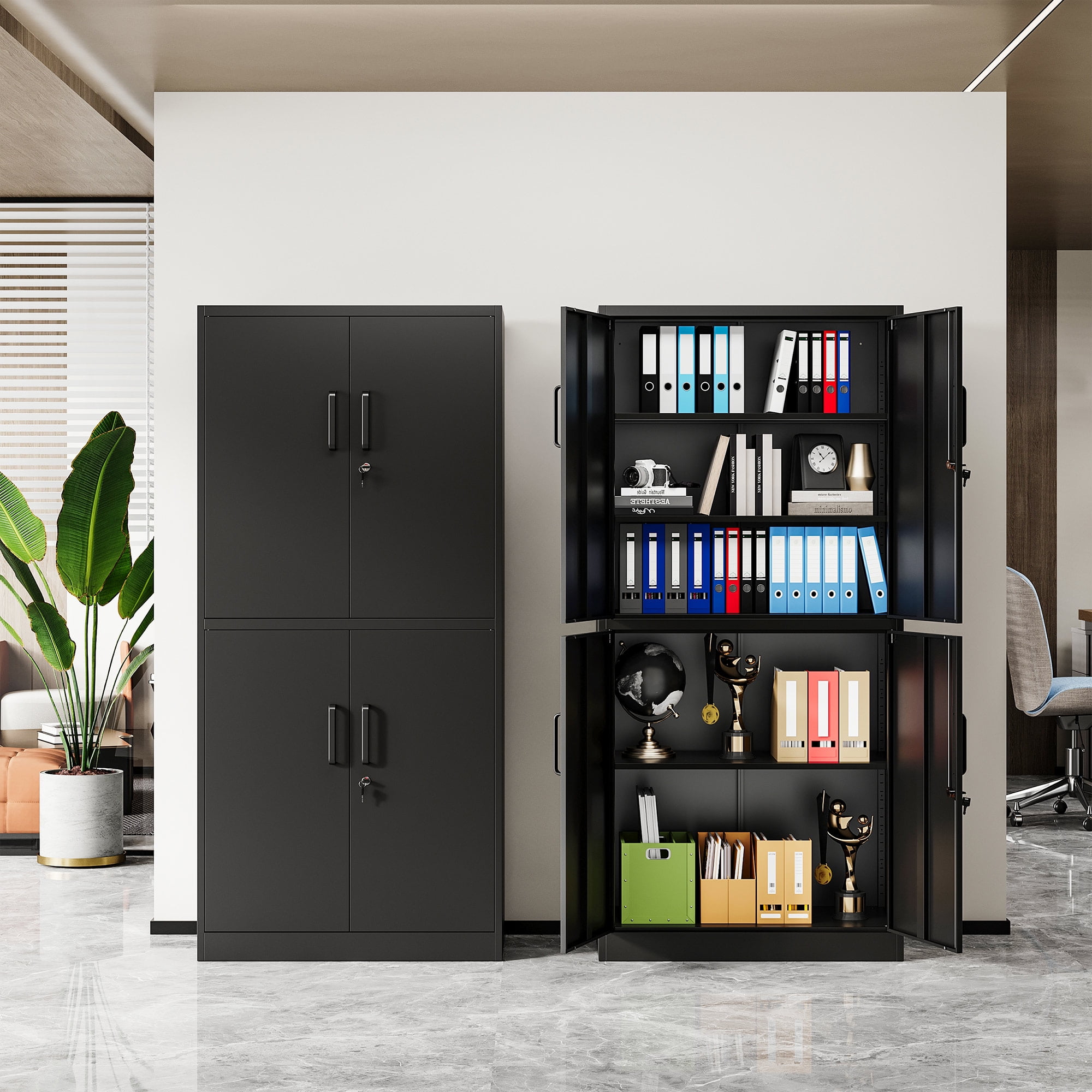 STANI Metal Tools Storage Cabinet, Black Garage Utility Cabinet,4 Doors & 3 Adjustable Shelves, Steel Locker with Lockable Door for Office, Home, Pantry