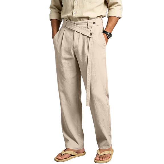 Uwinwear Mens Linen Beach Pants Casual Summer Stylish Straight Leg Trousers Lightweight Loose Fit Travel Pants With Pockets,Khaki,S