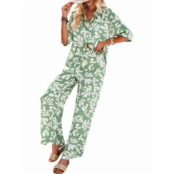 Womens Summer Print 2 Piece Pajama Sets Short Sleeve Button Down Outfit Long Pants Sleepwear Set Green S