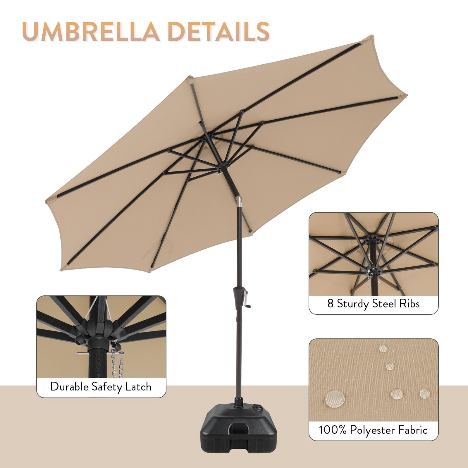Patio Umbrella with Patio Market Umbrella Base, 9-Feet Outdoor Table Market Umbrella with 26.5lb Heavy Duty Resin Square Outdoor Stand, Push Button Tilt/Crank, 8 Ribs, Beige