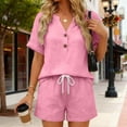thumbnail image 4 of Costeam Womens Crinkled Gauze 2 Piece Casual Outfit Half Button V Neck Roll Sleeve Tops Elastic Drawstring High Waist Shorts with Side Pockets Breathable Summer Loungewear Matching Sets, 4 of 5