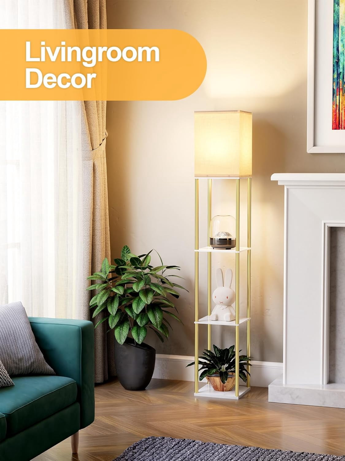 Floor Lamp with Shelves for Living Room, Shelf Floor Lamp with 3 CCT LED Bulb, Corner Display Standing Column Lamp Etagere Organizer Tower Nightstand with White Linen Shade for Bedroom, Office