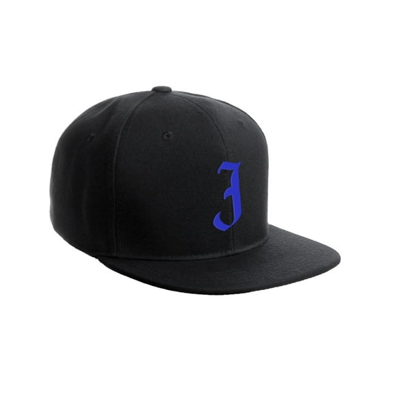 Daxton Classic Snapback Hat Old English Font Alphabet A to Z Flat Bill Visor Cap, Black Hat, Royal J