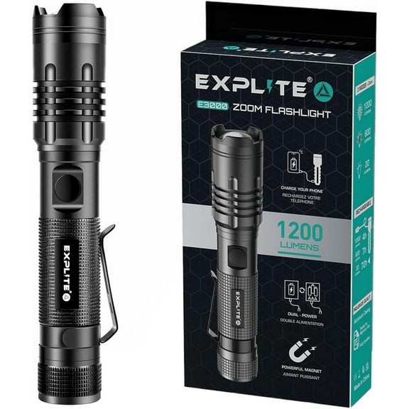 Explite USB Rechargeable Flashlight with Diffuser, Clip & Magnet, IP67 Waterproof, High Lumen, Super Bright Portable Handheld LED Camping Flash Light