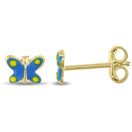 Cutie Pie 18kt Yellow Gold with Blue and White Enamel Children's Butterfly Stud Earrings
