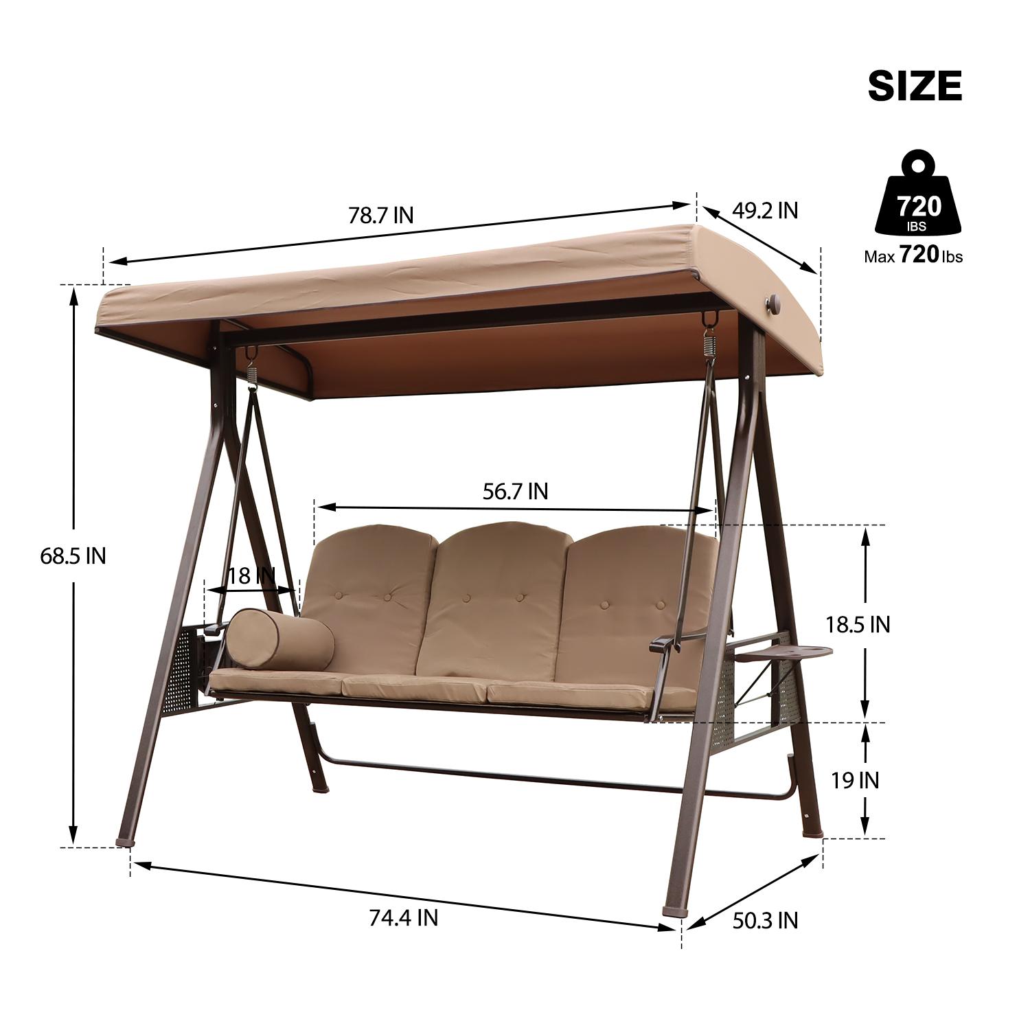 Leisure 3-Seat Patio Swing Glider Outdoor Canopy with Removable Cushions and Pillows for Backyard, Adjustable Shade Chair Hammock Lounge Chair Porch Garden with Side Tray and Steel Frame - Beige - image 5 of 8