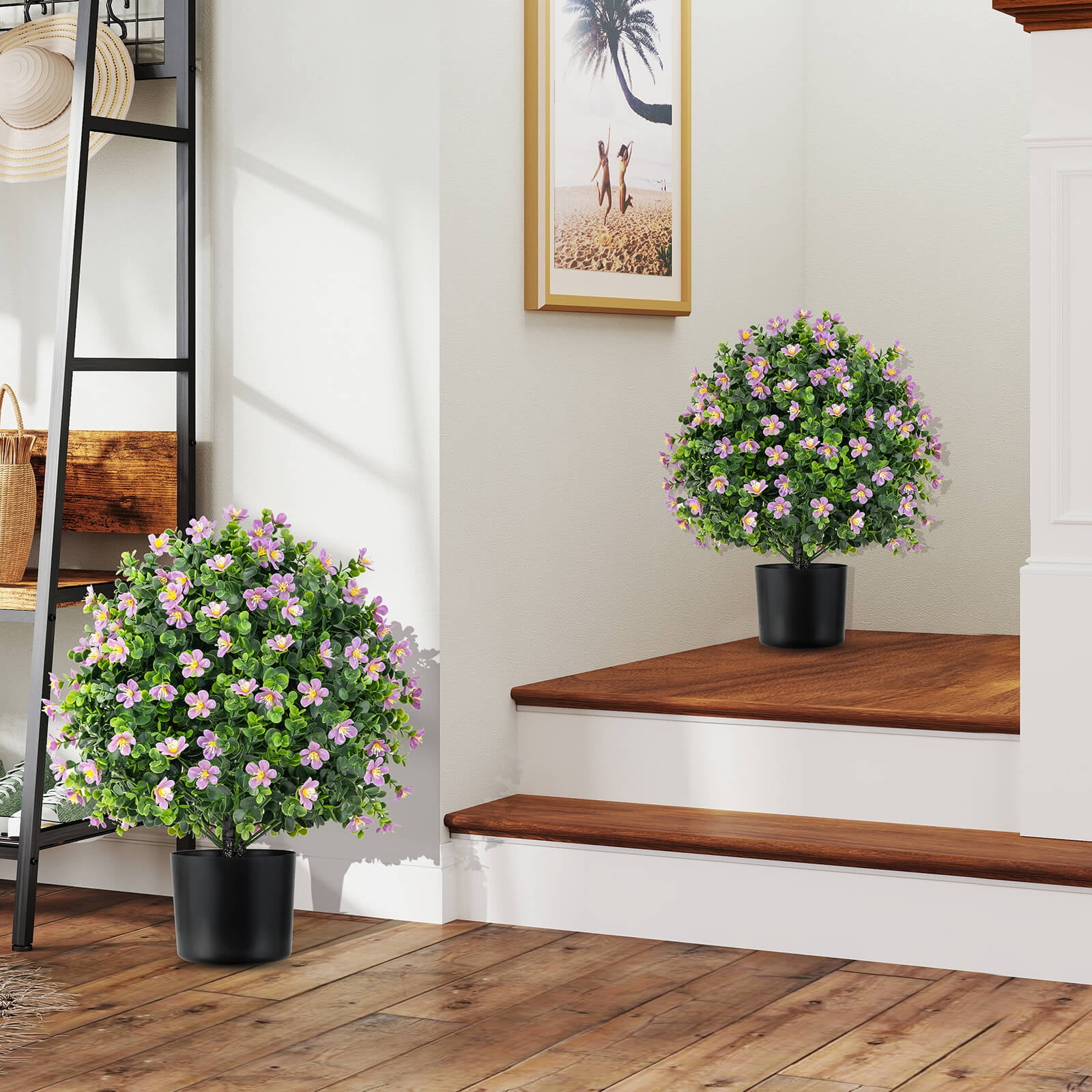 Costway 2 Pack Artificial Boxwood Topiary Ball Tree Faux Shrub Bushes with Flowers Purple