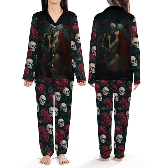 Skeleton Couple Satin Pajamas Set, Skull Roses Pattern Sleepwear, Romantic Love Loungewear, Skeleton Roses Nightwear