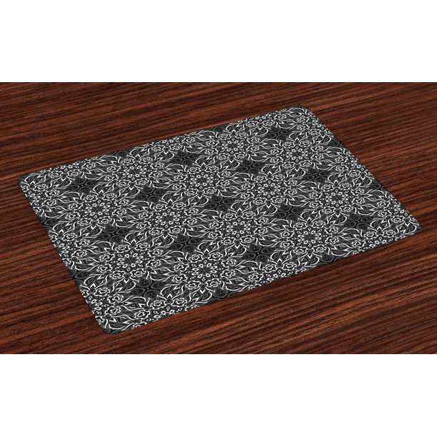 Black and White Placemats Set of 4 Abstract Monochrome Composition with Flowers and Foliage