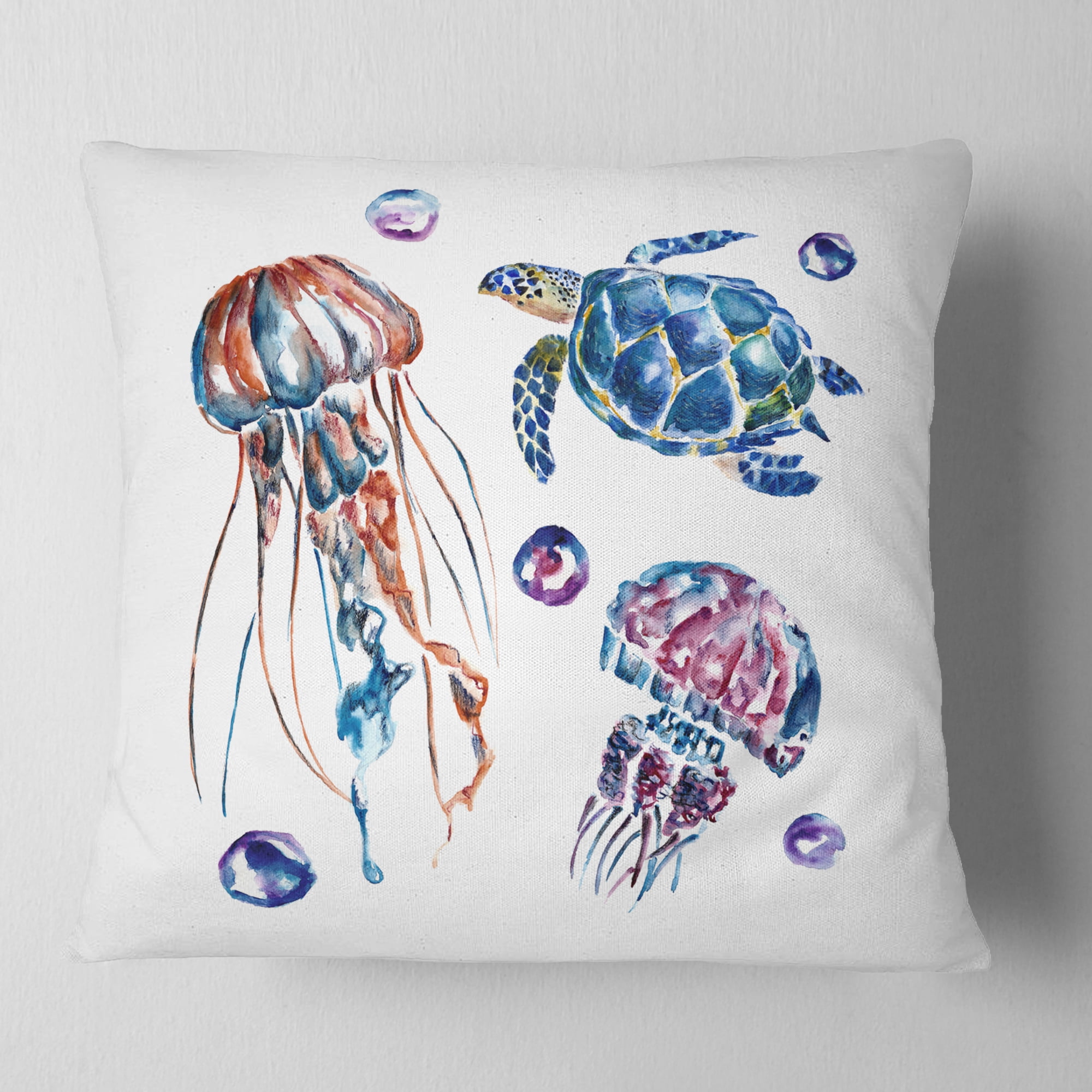 Designart Colorful Jellyfish and Turtles - Animal Throw Pillow - 18x18
