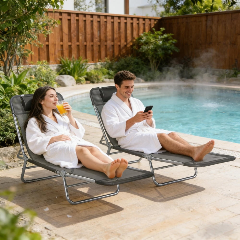 2-Pack Outdoor Tanning Sun Lounger 5-Position Adjustable Backrest Breathable Mesh Folding Pool Lounge Chair with Head Pillow for Patio Beach Poolside