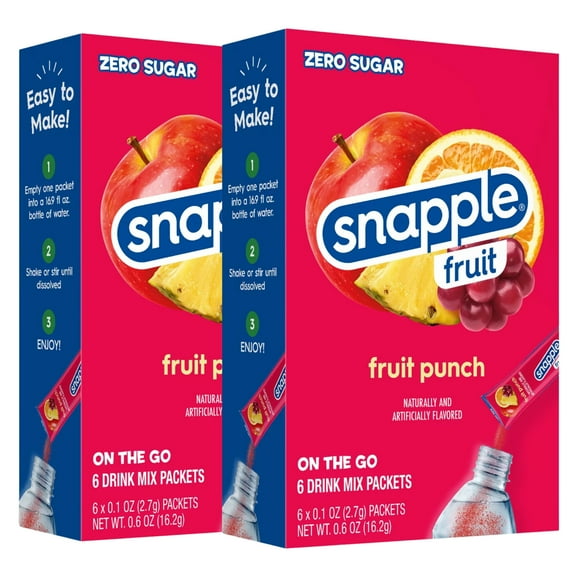 Snapple Fruit Punch Singles to Go Zero Sugar Drink Mix Non-Carbonated Fruity Delicious Convenient Refreshing Water Enhancer Powder Stick Beverages 6 Packets each Box, 2 Boxes - Total of 12 Servings