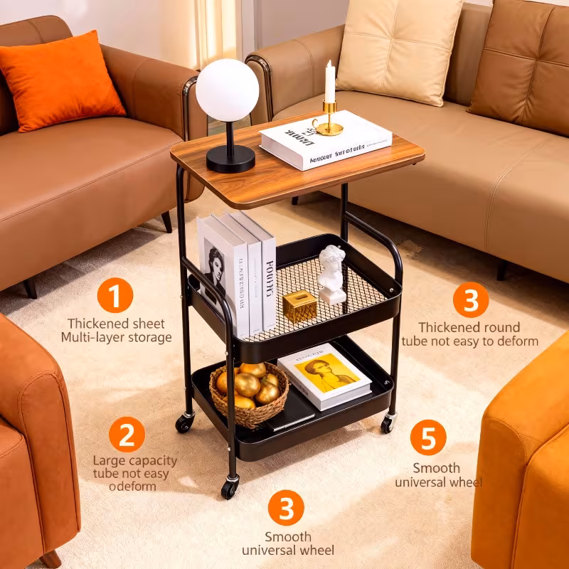 3-Tier Rolling Metal Utility Cart with Wooden Desktop, Lockable Wheels, Multifunctional Storage Rack & Printer Stand for Kitchen Office Bedroom Living Room