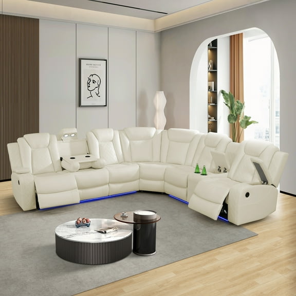 MAYEERTY 6-Seater Recliner Sofa Set, Intelligent Sectional Sofa with Wireless Charger, LED & Storage, Breathable Leather for Living Room, Off-White
