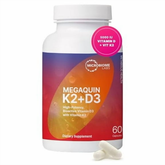 Microbiome Labs MegaQuin D3 - High Potency Vitamin D3 K2 Supplement - Bioactive & Bioavailable - Vitamin D3 5000 iu & MK-7 - Support Bone, Heart, Nerve & Immune Health 60 Capsules