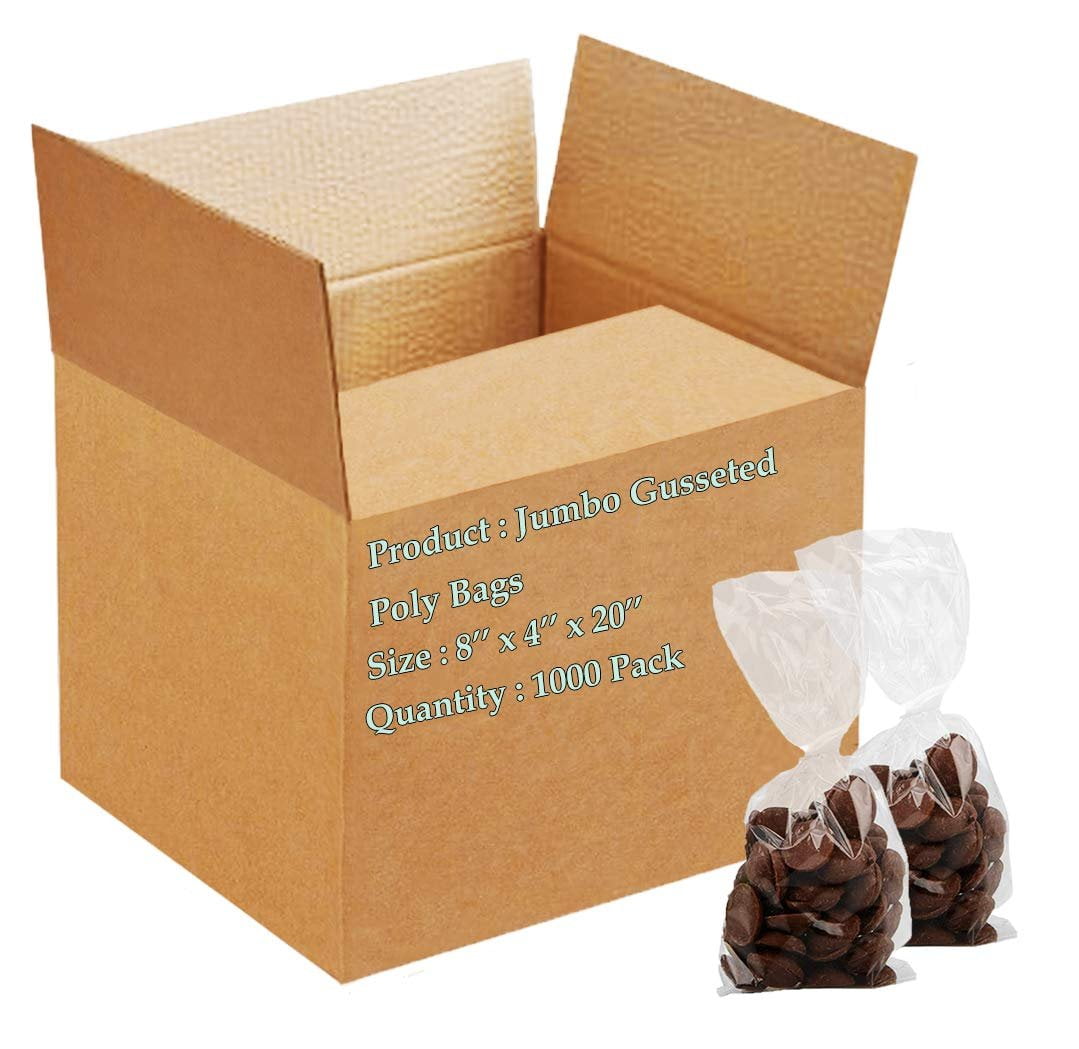APQ Pack of 1000 Gusseted Poly Bags 8 x 4 x 20. Clear Polyethylene Bags