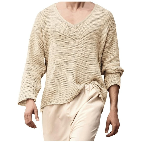 VBARHMQRT Band T Shirts Male Autumn and Winter Knitted Long Sleeved Solid Color Sweater Round Neck Loose Top Khaki