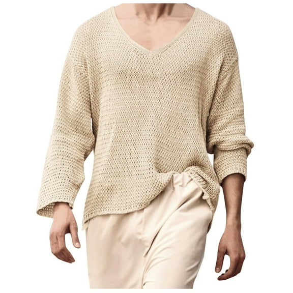 Krdevn Men's Knitted Long Sleeved Solid Color Sweater Round Neck Loose Top,S