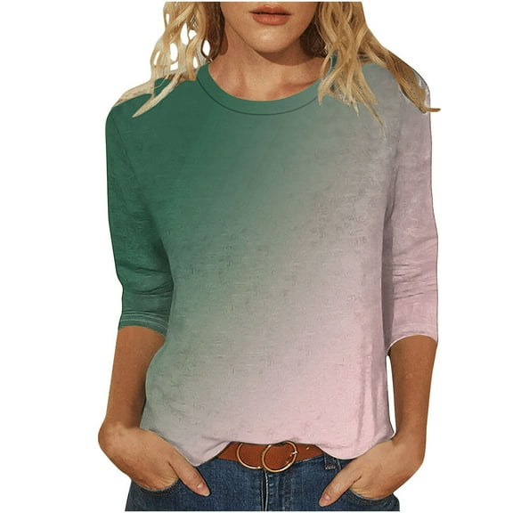 Uaswgudfs Tees for Women Trendy Fashion Round-Neck Half Sleeves T Shirt Gradient Color Casual Loose Basic Tops