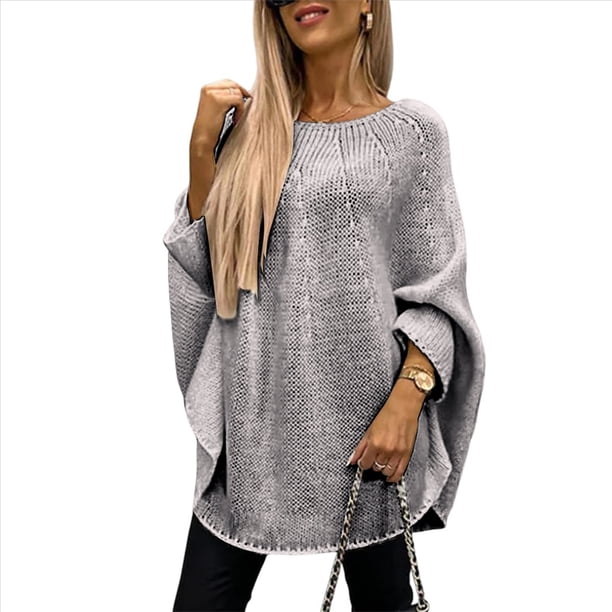 Suéter Elegante de Punto Tipo Capa para Mujer, Cuello Redondo, Larga, Holgado, Suéter de Punto Tipo Chal A . Gris L